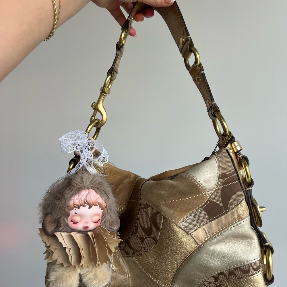 RARE Vintage Y2K Coach Patchwork Shoulder Bag with Skullpanda Teakwood Charm
